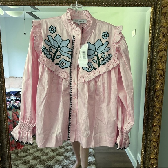 NWT lug von siga GARDENIA TOP ruffle collar preppy pink floral - Picture 3 of 8